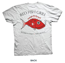 Load image into Gallery viewer, Back of white tshirt that says Red Fish Grill along the top with a large Redfish below blowing bubbles followed by 115 Bourbon Street, New Orleans underneath