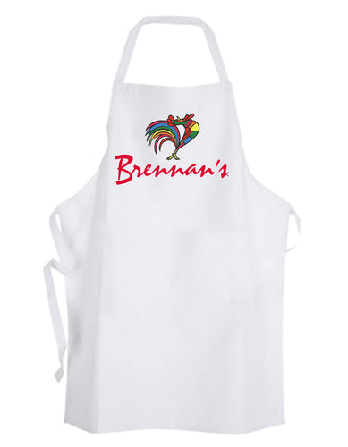 White cotton bib-style apron with Brennan’s Full Color Logo shown on white background.