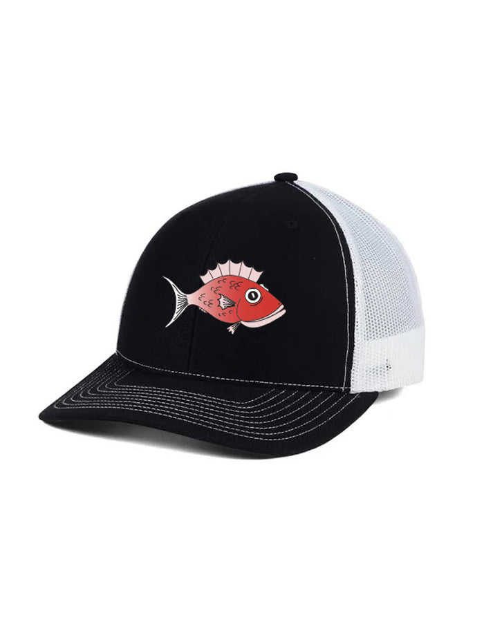 Twill Front Black and White Mesh-back cap with adjustable snap back closure and embroidered Red Fish.