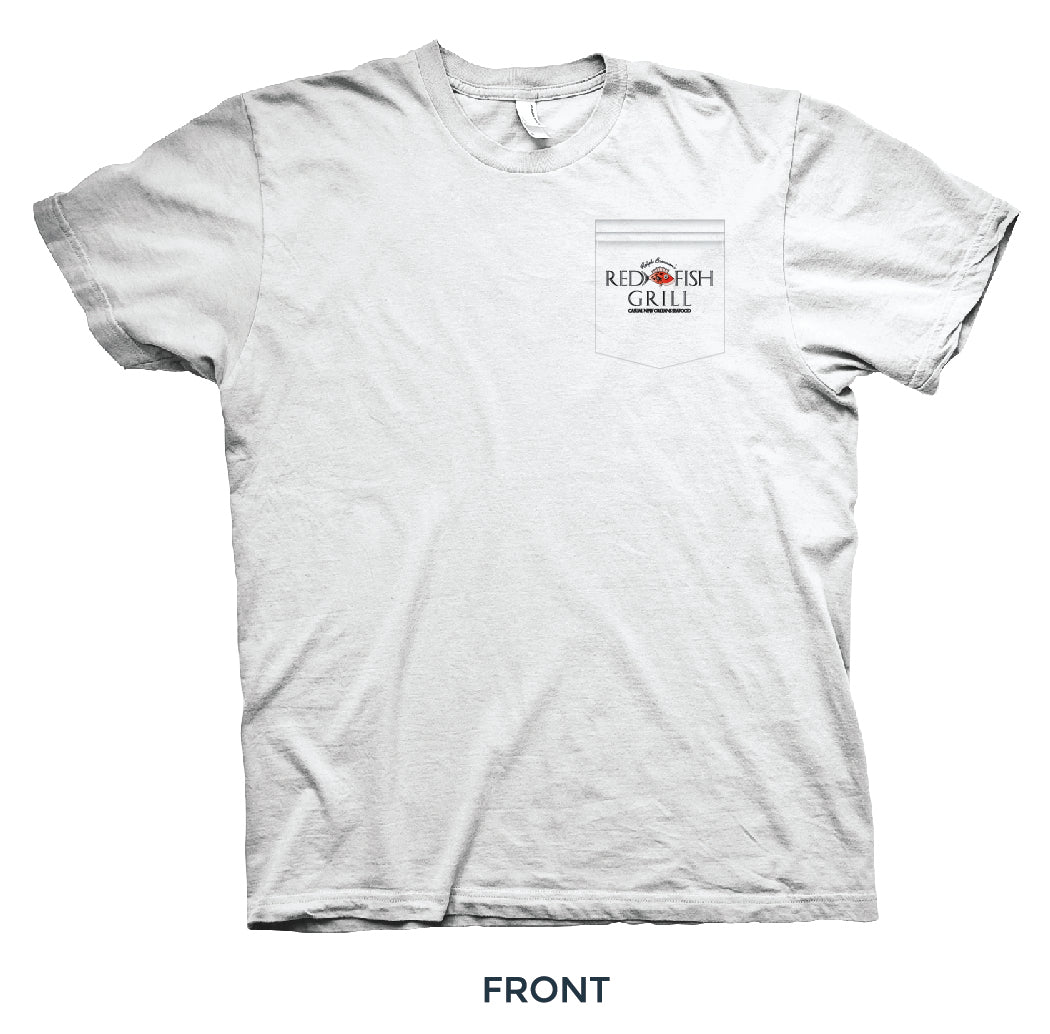 A white tshirt with front pocket with Red Fish Grill logo